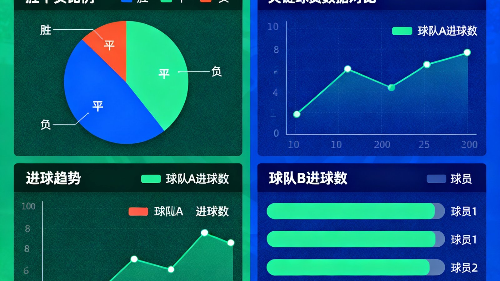 历史交锋记录数据可视化图表，左右对称展示两支球队的过往交锋战绩，包含胜平负比例饼图、进球趋势折线图和关键球员数据对比条形图